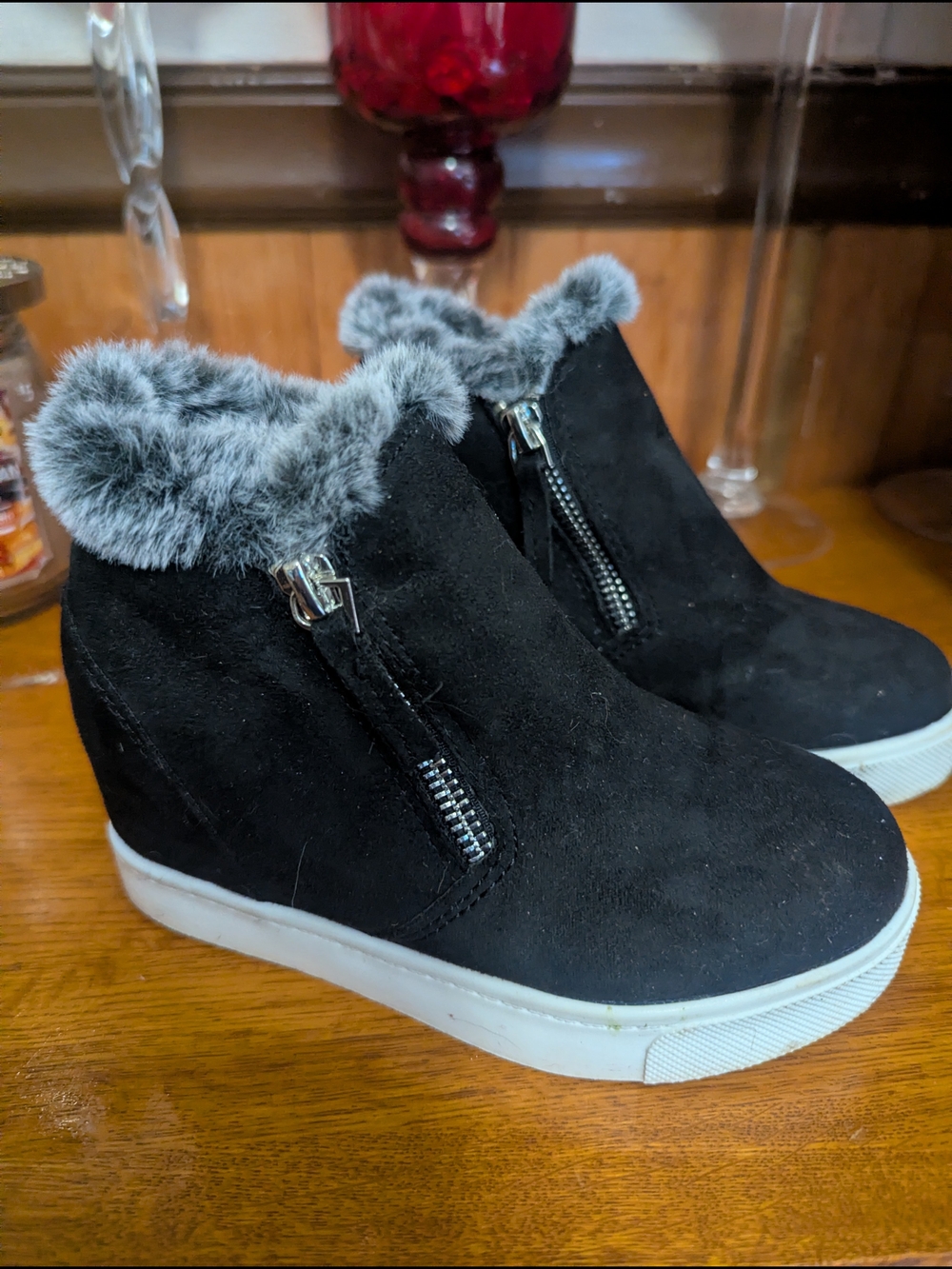 Soda Black Faux Fur Zip Wedge Sneakers with White Sole